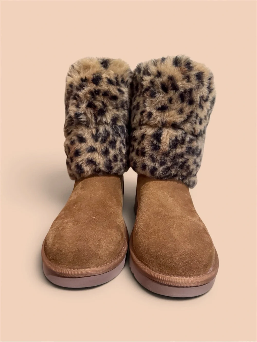 UGG Koolaburra Tan Suede Ankle Boots with Leopard Faux-Fur Cuff